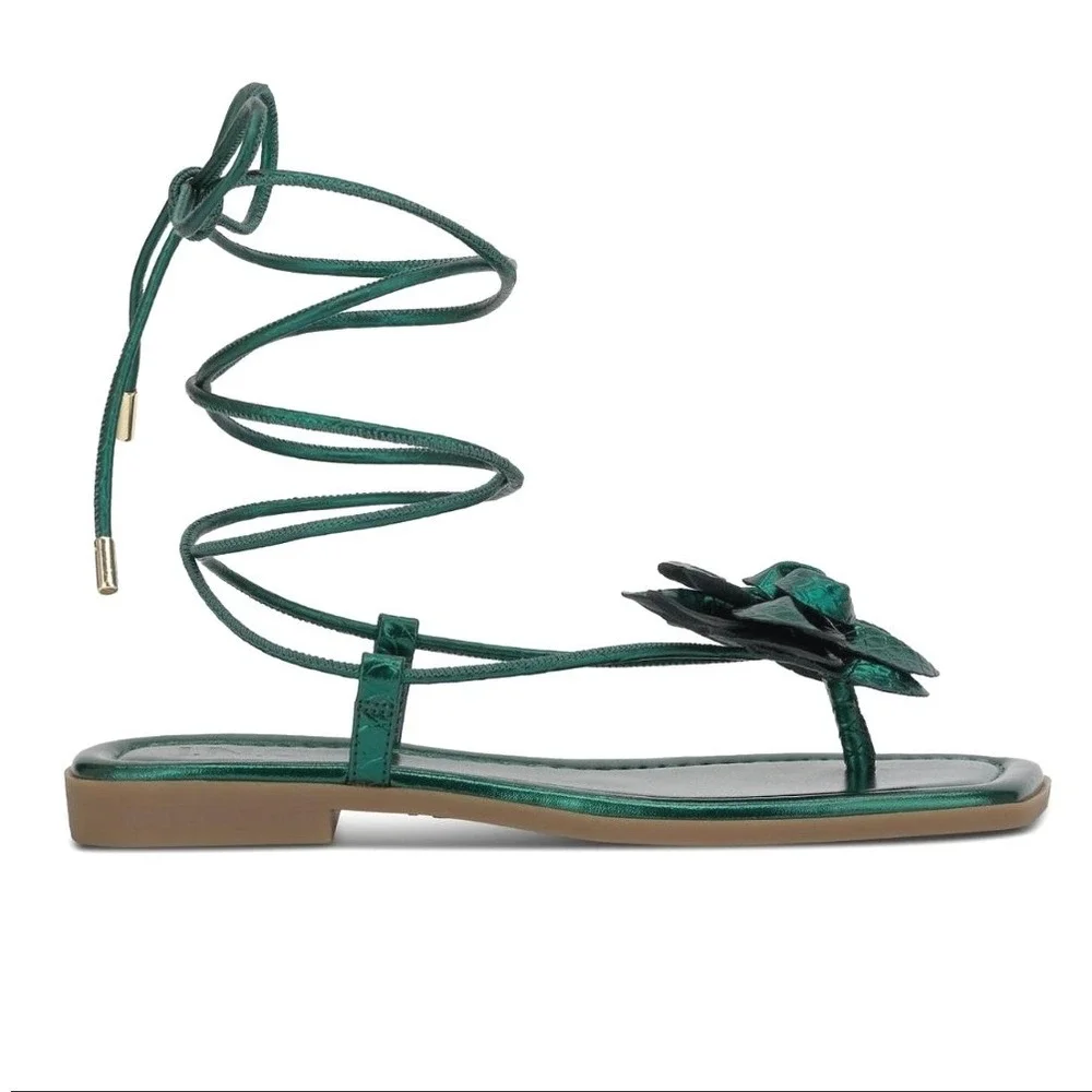 INC International Concepts Emerald Green Metallic Rosette Lace up Sandals 7.5M